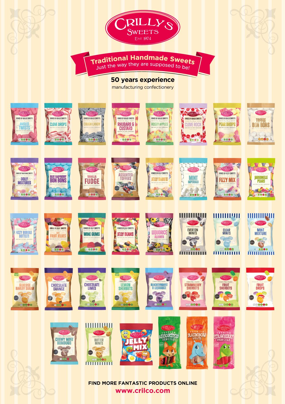Crilly's Sweets, showcasing a wide range of traditional handmade confectionery in colourful packaging. The flyer displays over 40 different sweet varieties, including Aniseed Twists, Clove Drops, Rhubarb & Custard, Jelly Babies, Wine Gums, Everton Mints, Fruit Sherbets, and more. At the top, the Crilly's Sweets logo is featured with the slogan 'Traditional Handmade Sweets – Just the way they are supposed to be!' and with '50 years experience manufacturing confectionery.'