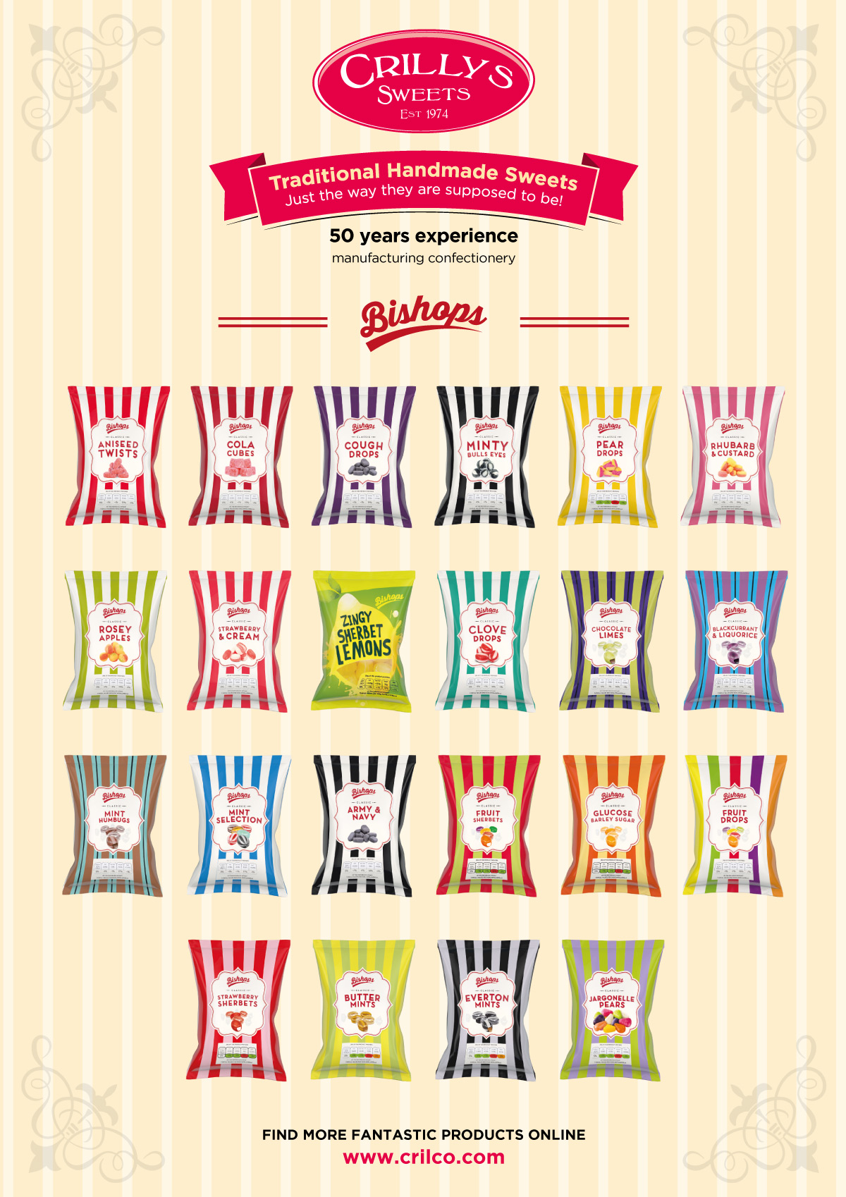 Crilly’s Sweets featuring the Bishops Range of traditional handmade confectionery. Flavors include Aniseed Twists, Cola Cubes, Cough Drops, Minty Bulls Eyes, Pear Drops, Rhubarb & Custard, Rosey Apples, Strawberry & Cream, Zingy Sherbet Lemons, Clove Drops, Chocolate Limes, Blackcurrant & Liquorice, Mint Humbugs, Mint Selection, Army & Navy, Fruit Sherbets, Glucose Barley Sugar, Fruit Drops, Strawberry Sherbets, Butter Mints, Everton Mints, and Jargonelle Pears. 'Traditional Handmade Sweets – Just the way they are supposed to be!' with '50 years experience manufacturing confectionery.'