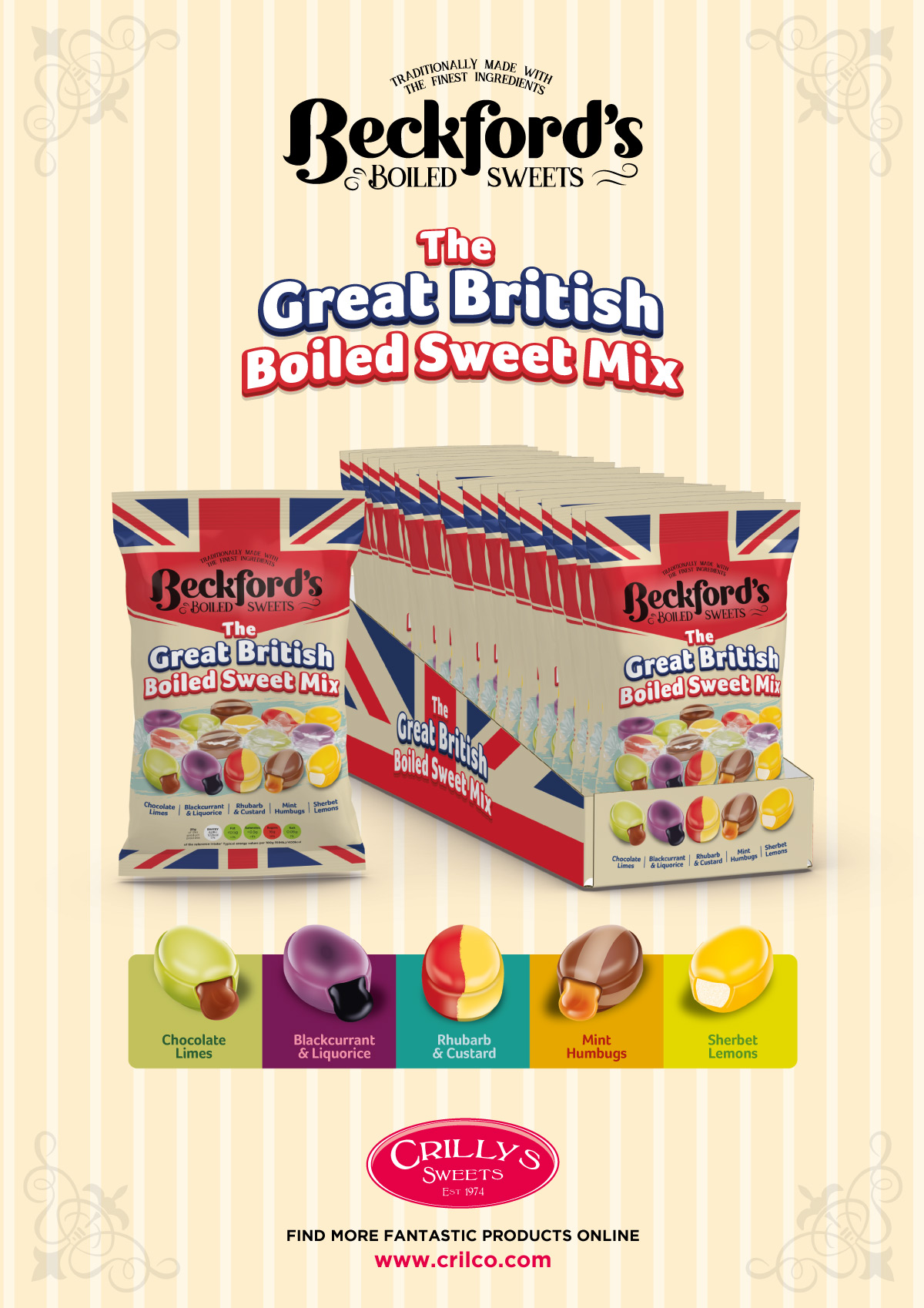Crilco Beckford's Boiled Sweets displaying a variety of flavours in retail display boxe. The products include Chocolate Limes, Blackcurrant & Liquorice, Rhubarb & Custard, Mint Humbugs and Sherbet Lemons.